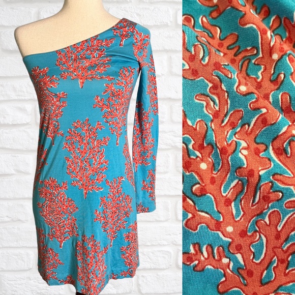 Lilly Pulitzer One Sleeve Dress Coral Pattern Size XS Blue Preppy Beachy - Picture 1 of 9